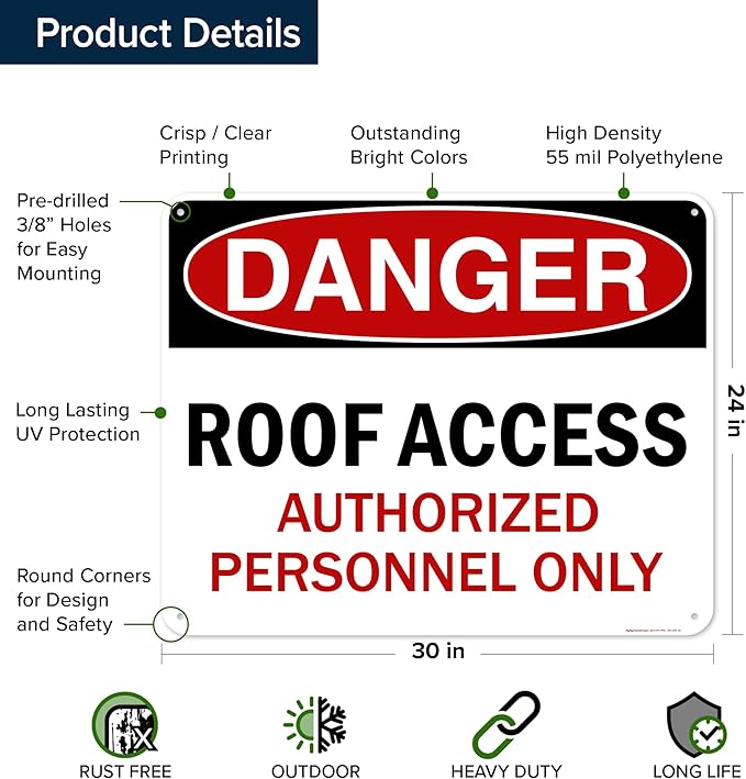 Danger Roof Access Authorized Personnel Only Sign, 24x30 Inches, 55 mil thick HDPE (high density polyethylene), Made in USA by My Sign Center