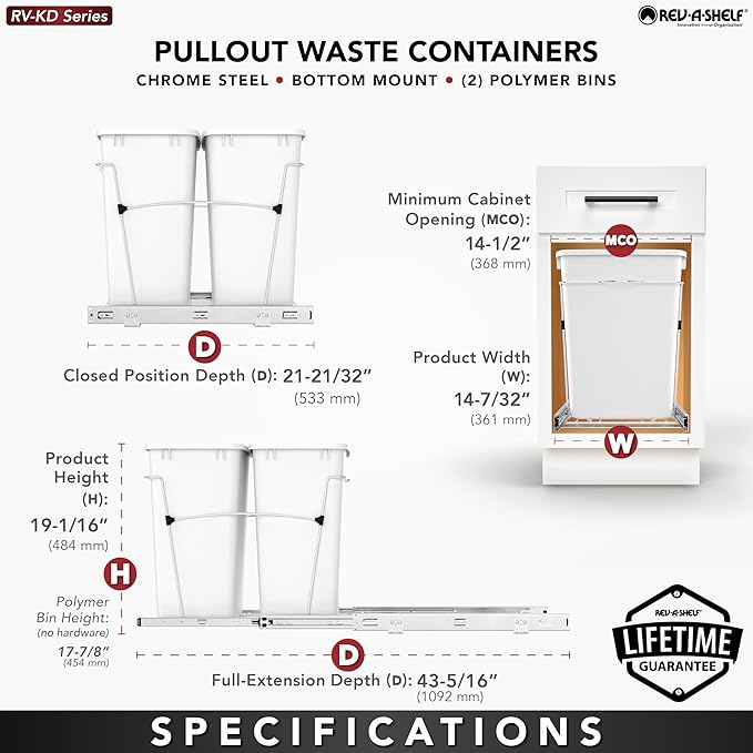 Rev-A-Shelf RV-18KD-11C S Double Pullout Trash Can for Kitchen Cabinets 35 Qt Garbage Recycling Bin on Full-Extension Slides, White
