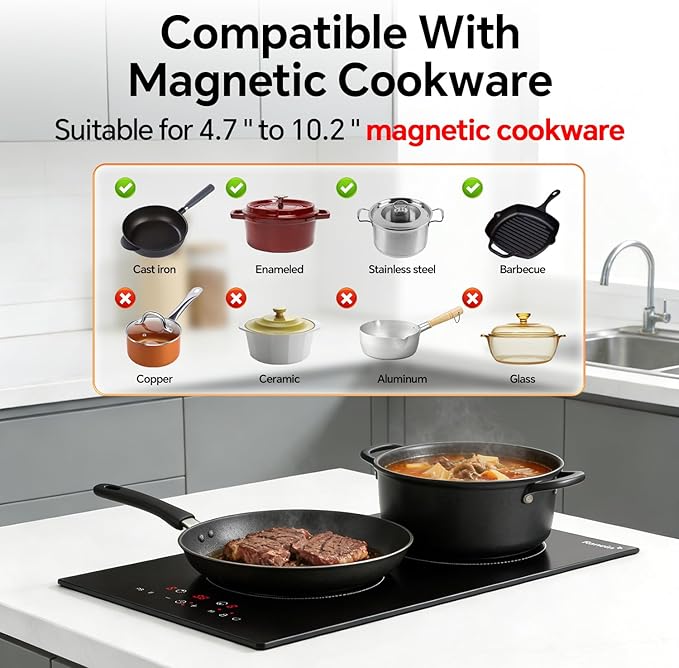 Ranein Induction Cooktop 12 Inch, Build-in 2 Burners Electric Stove Top, 9 Power Settings, Max 1800W, Sensor-Control Induction Hob with Multiple Safety Protections, Compatible with Magnetic Cookers