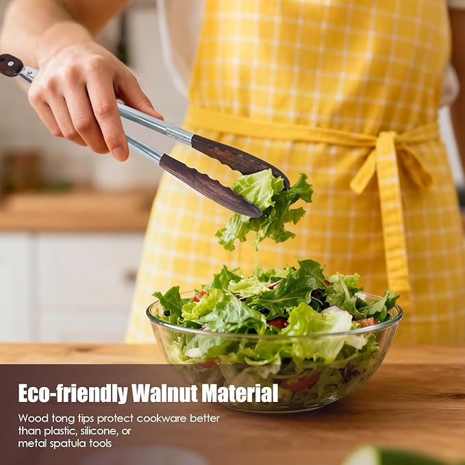 Wooden Tongs for Cooking, 15 Inch Kitchen Walnut Wood Tong with Stainless Steel Handle, Utensils for Food Serving, Salad, Toaster, Grilling, BBQ