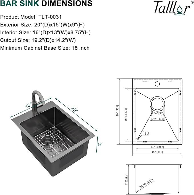 Black Bar Sink with Faucet - 15 Inch Drop In Bar Sink 16 Gauge Stainless Steel Topmount Gunmetal Black Single Bowl Small Prep Sinks with Accessories for Kitchen Bars, RV, Small Space #TLT-0032
