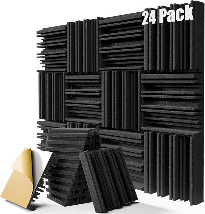 Upgrade 24 pack Self-adhesive Sound Proof Foam Panels,12" X 12" X 2" Acoustic Panels with High Density,Decorative Soundproof Wall Panels Studio Sound Absorbing Foam for Wall and Ceiling(Black）