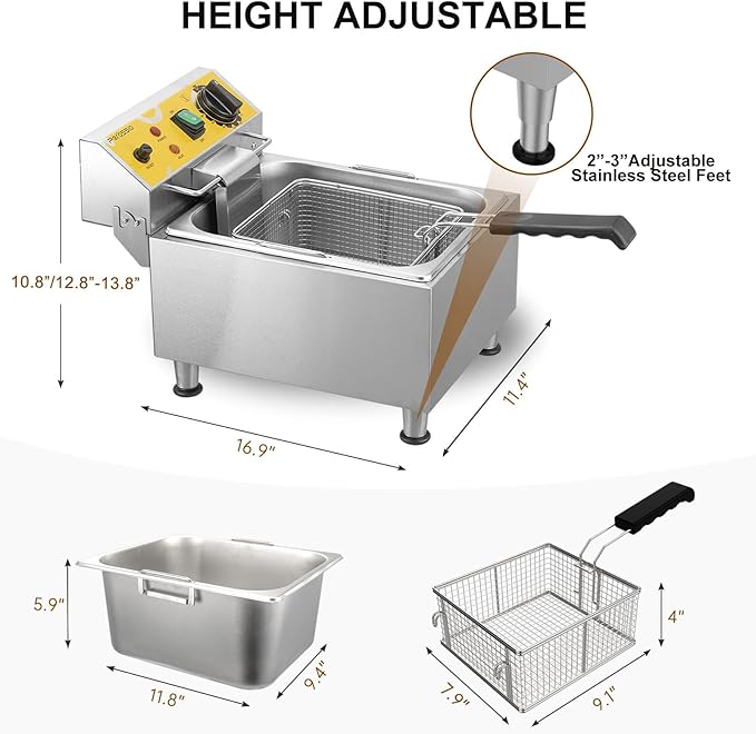 Large Deep Fryer with Basket and Lid 10L(10.6Qt), 304SS Electric Deep Fryer for Home and Commercial, Countertop Deep Fryers, 1750W Fast Heating, 120V