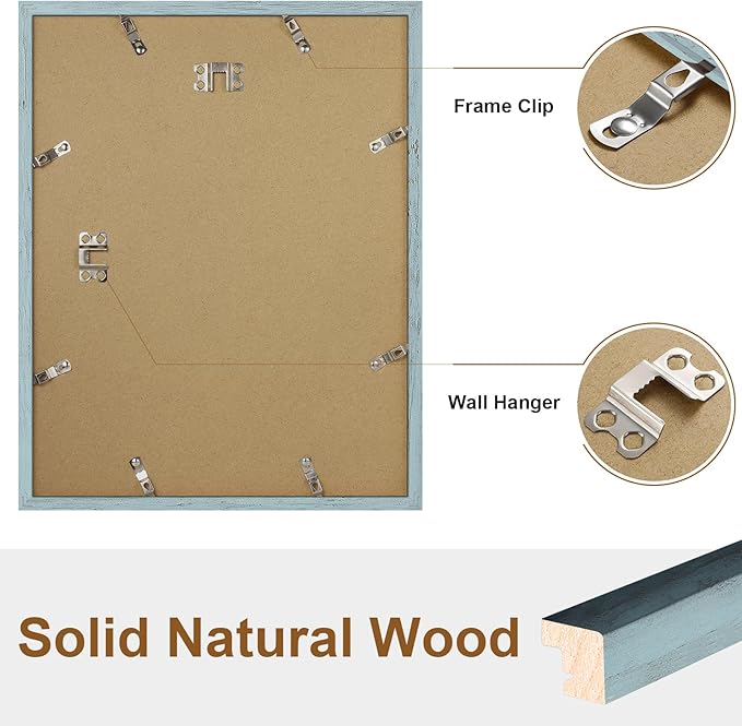 Vittanly 11x14 Picture Frame, Solid Wood Frame with Plexiglass, Includes 8x10 Mat, Wall Hanging for Photos, Home Decor, Rustic Blue, 1 Pack