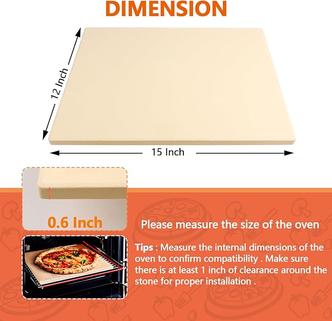 15x12 Inch Rectangle Pizza Stone for Oven and Grill, 0.6" Thick Heavy Duty Cordierite Bread Baking Stone for Crisp Pizza Cookies (With Scraper and Parchment Papers)