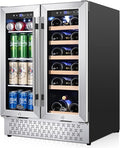 Tylza Wine and Beverage Refrigerator, 24 Inch Dual Zone Wine Fridge, Holds 18 Bottles and 88 Cans, French Doors, Lock, Under-counter or Freestanding Wine Cooler, Beverage Fridge with Tempered Glass