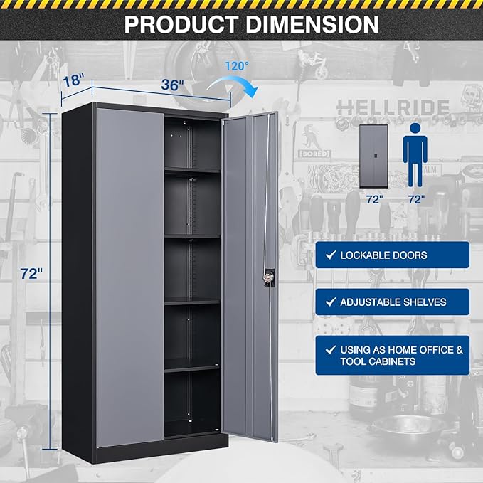 Metal Storage Cabinet-72” Tall Steel File Cabinets with Lockable Doors and Adjustable Shelves-Black&Gray Steel Storage Cabinet for Kitchen, Office, Garage