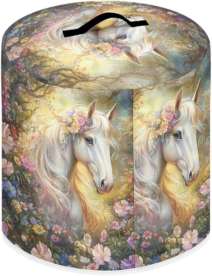 TODIYADDU White Horse Floral Pressure Cooker Cover with Pocket Novelty Air Fryer Cover Dust Cover Insulated Kitchen Appliance Cover Protector for Pressure Cooker Instant Pot Accessories Presents, S