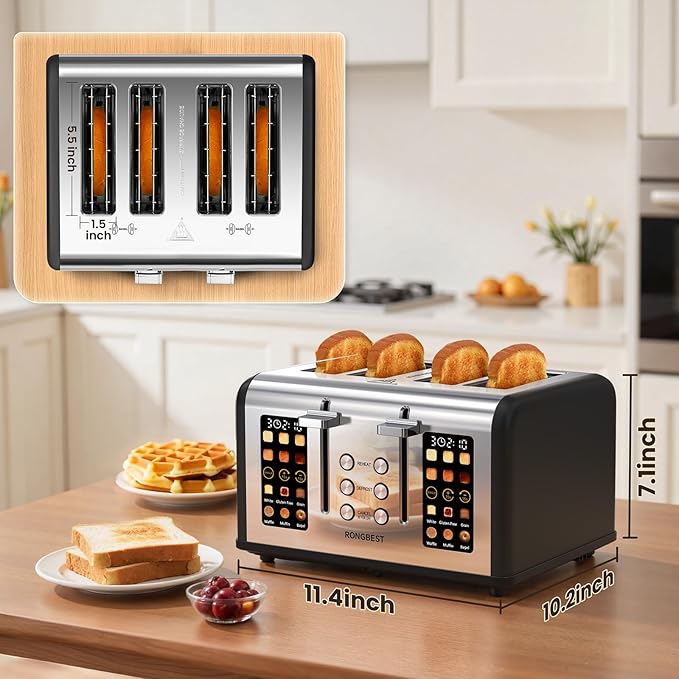 4 Slice Touch Screen Toaster, Easy-to-Use Digital Stainless Steel Toaster with Wide Slots, Reheat Defrost Cancel, Removable Crumb Tray, Matte Black