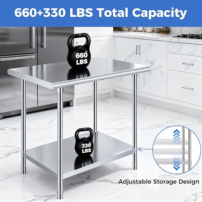 OSTBA Stainless Steel Table for Prep & Work 24x36 Inches, NSF Metal Commercial Heavy Duty Table with Adjustable Undershelf and Adjustable Foot for Restaurant Kitchen Home and Hotel