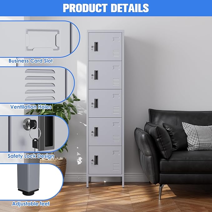 METAN Metal Storage Employees Locker with 5 Lockable Doors,Locking Storage Cabinets for Small Spaces,Home,School,Gym,Assembly Required,Dark Gray