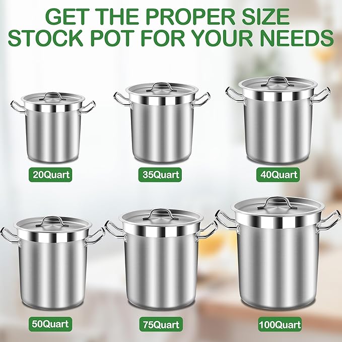 Commercial Grade Large Stock Pot - Soup Pot with Lid - Non-Nickel Stainless Steel - Healthy Cookware Polished Stockpots - Heavy Duty - 50 Quart (12.5Gallon)