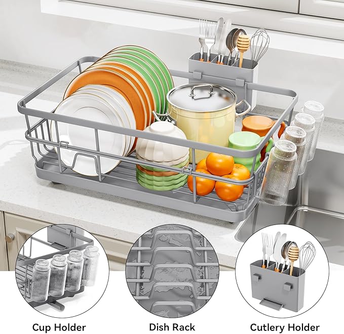 TOOLF Large Dish Drying Rack for Kitchen Counter,Kitchen Dish Racks with Drainboard,Sink Dish Strainer Rack,Countertop Dish Drainer Rack with Cup & Utensil Holders,Gray