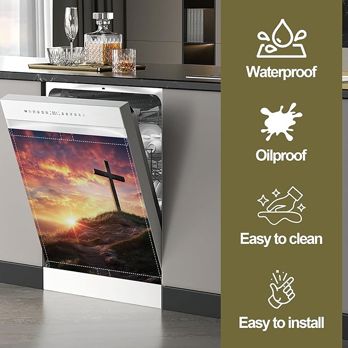 Cross Dishwasher Magnet Cover,Sunset Kitchen Decor Waterproof Refrigerator Magnet Appliance Cover Protector,23Wx26H Inches