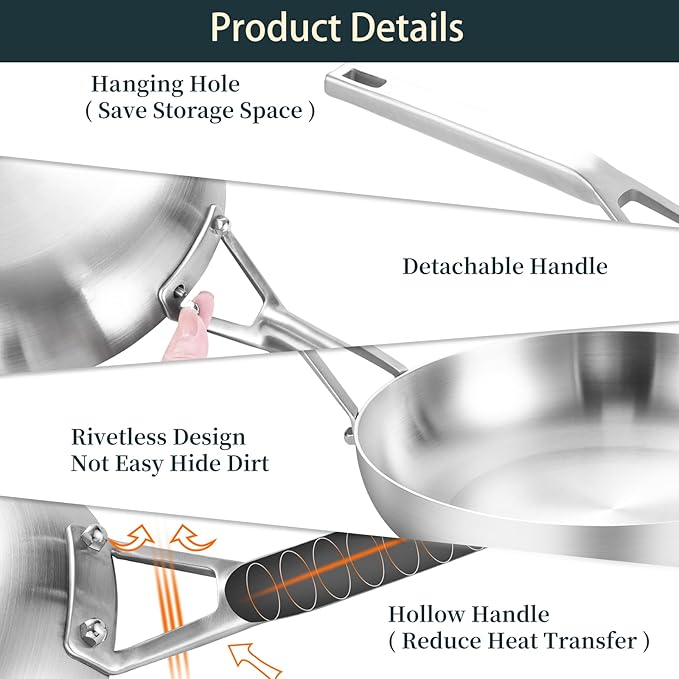 Tri-Ply Stainless Steel Frying Pan Set, 8 Inch and 10Inch, Skillet set, Durable, Cooking Pan 8" 10", Induction Ready Egg Pan, Compatible with All Cooktops Up to 600℉