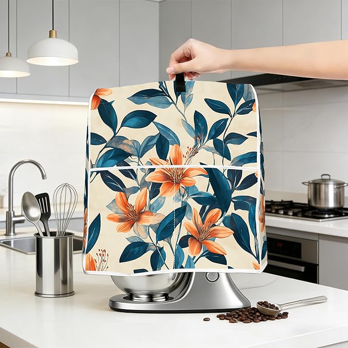 Stand mixer cover with handle and storage bag, reusable and washable, stylish retro floral design, keeps kitchen countertops clean and tidy (fits 6-8 quart mixers).