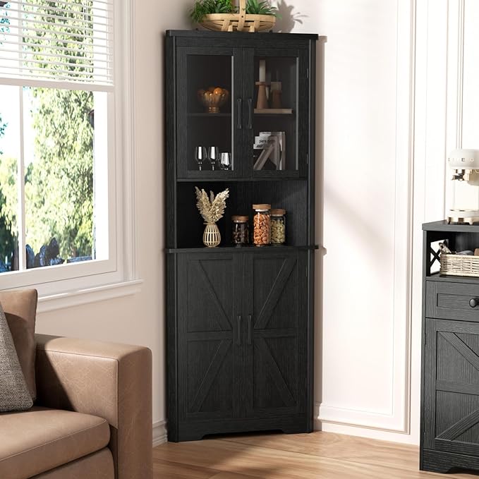 67''H Black Tall Farmhouse Corner Storage Cabinet with 4 Tempered Glass Doors and Barn Doors, Narrow Bathroom Cabinet with 5 Adjustable Shelves, Corner Hutch for Kitchen, Dining Living Room