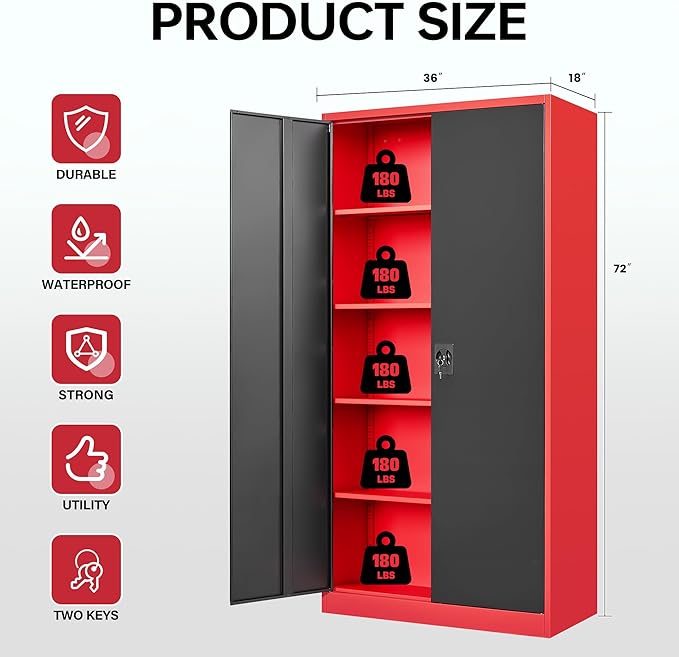 Letaya Metal Storage Cabinets with Lock, 72" Tall Locker Organizer Steel Cabinets, Adjustable Layers Shelves 2 Doors for Home, Office, Warehouse,Garage(Black Red)