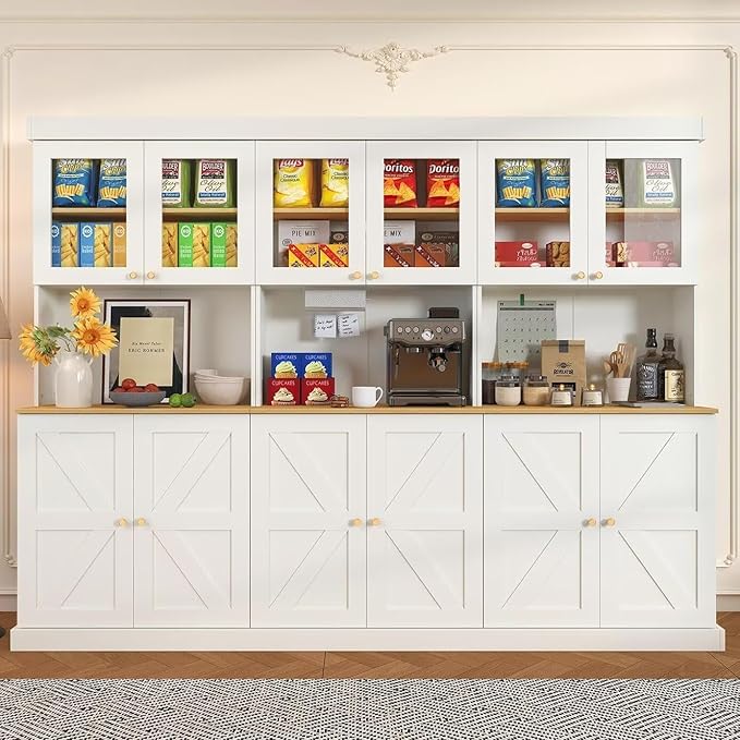 Vyre 71" Farmhouse Kitchen Pantry Cabinet Set of 3, White Freestanding Coffee Bar Hutch with Glass Doors & Adjustable Shelves, Large Storage Cabinet with Microwave Stand for Living Room & Kitchen