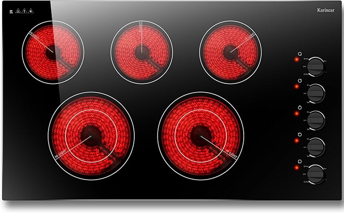 Karinear 36 Inch Electric Cooktop, Knob Control 5 Burner Electric Stove Top, Over-Temperature Protection, Hot Surface Indicator,36" Drop-in, Hard Wire 240V