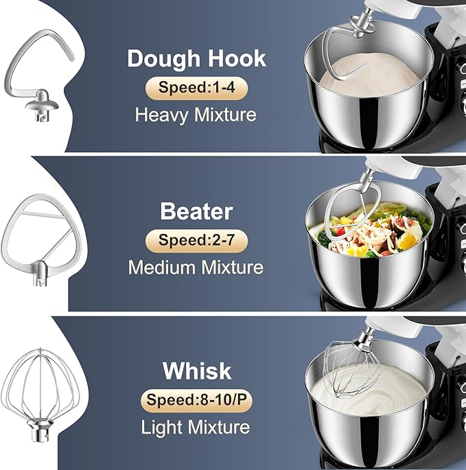 Stand Mixer, 6.5QT 10 Speeds Tilt-Head Electric Stand Mixer, 3-In-1 Kitchen Mixer with Bowl, Dough Hook, Whisk and Beater, Food Mixer for Baking and Daily Use (BLACK WHITE)