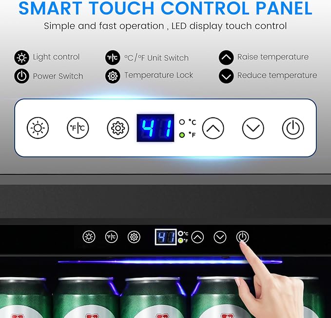 24 Inch Black Beverage Refrigerator Under Counter,190 Cans Beverage Fridge with Glass Door&Lock, Built-in/Freestanding Beverage Cooler for Home Bedroom Bar or Office, Low Noise Compressor