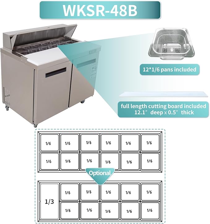 WESTLAKE 48" W 2 Door Refrigerator Sandwich&Salad Prep Table Commercial Stainless Steel Counter Fan Cooling Refrigerator with 12 pans-48 Inches for Restaurant, Bar, Shop, etc