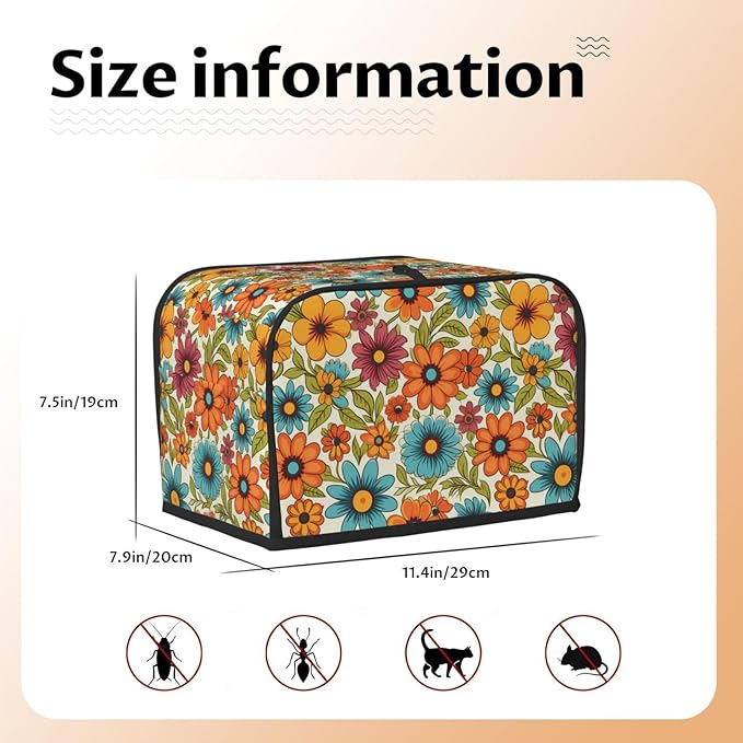 2 Slice Toaster Cover for Kitchen Hippie Flower Retro Waterproof and Dustproof Toaster Dust Cover with Side Pockets Decorative Universal Cover for Wide Slot Toasters and Small Appliances