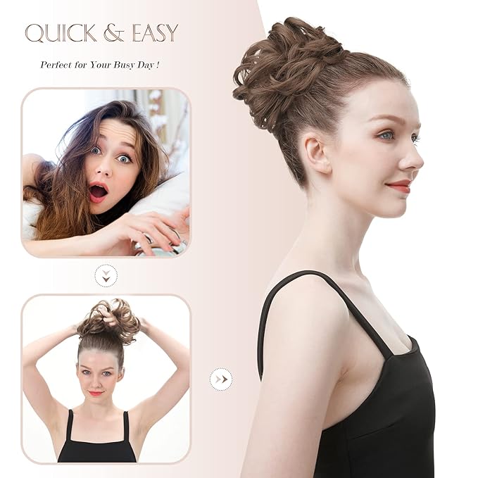 FESHFEN Large Messy Bun Hair Piece - Wavy Synthetic Chignon Scrunchies Elastic Ponytail Hair Extensions Thick Hairpieces for Women, Brunette & Blonde 1.94oz