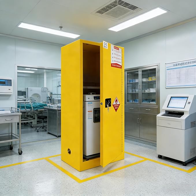159 Gal Flammable Storage Cabinet - Double Wall Alloy Steel, 3-Point Locking, NFPA 30/OSHA Compliant - Yellow Metal Floor Mounted Hazardous Material Cabinet for Lab Chemical & Gasoline Can Storage