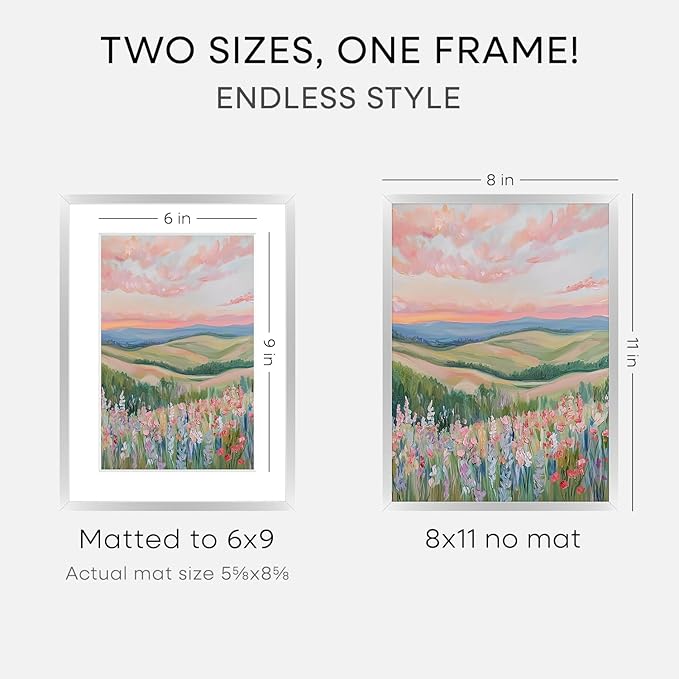 Homeforia Silver 8x11 Picture Frame, High End Metal 8 x 11 Poster Frames with Mat 6 by 9 for Photo, 11x8 Frame Matted to 6x9 inch Art, 8by11 Wall or Tabletop Frames, Tempered Glass, Wall Kit, Set of 1