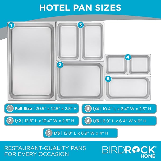 BIRDROCK HOME Stainless Steel Steam Table Pan - Hotel, Restaurant & Catering Supplies - 24 Gauge Steel, 4.3 qt Capacity - Meal Prep, Cooking, & Food Storage Container - 6" Depth, 1/4-Size (6 Pack)