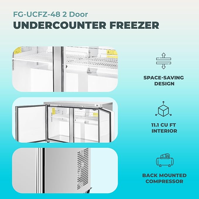 Frigos FG-UCFZ-48 48" 11.1 Cu Ft Commercial Undercounter Freezer - ETL Certified Stainless Steel Exterior, LED Lighting - Standing Freezer Included Liftgate