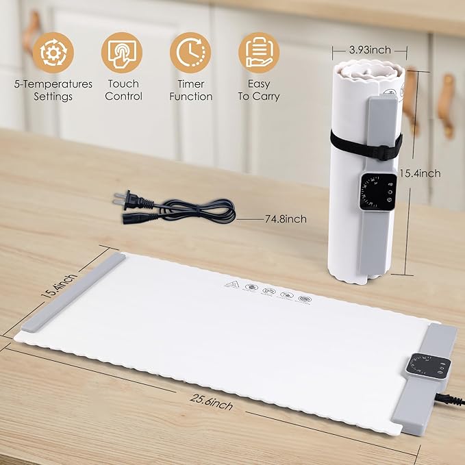 Food Warming Mat - 5 Temperature Settings, 4-Hour Timer, Child Lock, Flexible Silicone, Easy Clean, Multi-Use, Perfect for Home, Parties, and Picnics