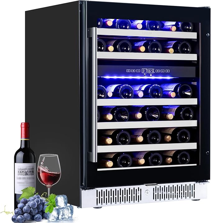 Luchar 24 Inch Wine Cooler Refrigerator, 46 Bottle Dual Zone Built-in or Freestanding Wine Fridge with Double-Layer Tempered Glass Door, Wine Refrigerator for Home, Kitchen, Bar, Office