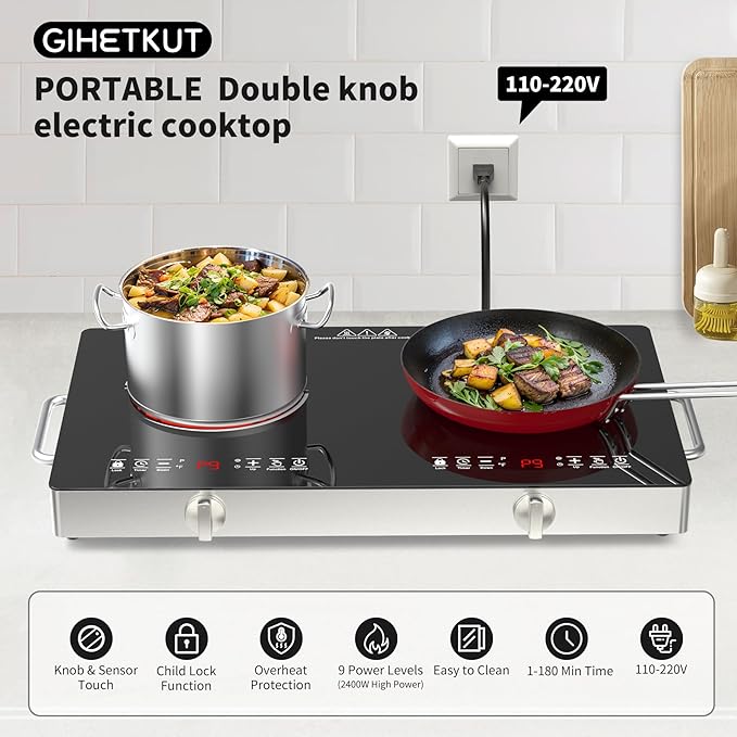 Electric Cooktop,110V 2400W Stove top, Countertop Cooktop with 9 Power Levels, LED Display,Child Safety Lock, Timer,Knob and Touch Control 2 burner Electric cooktop