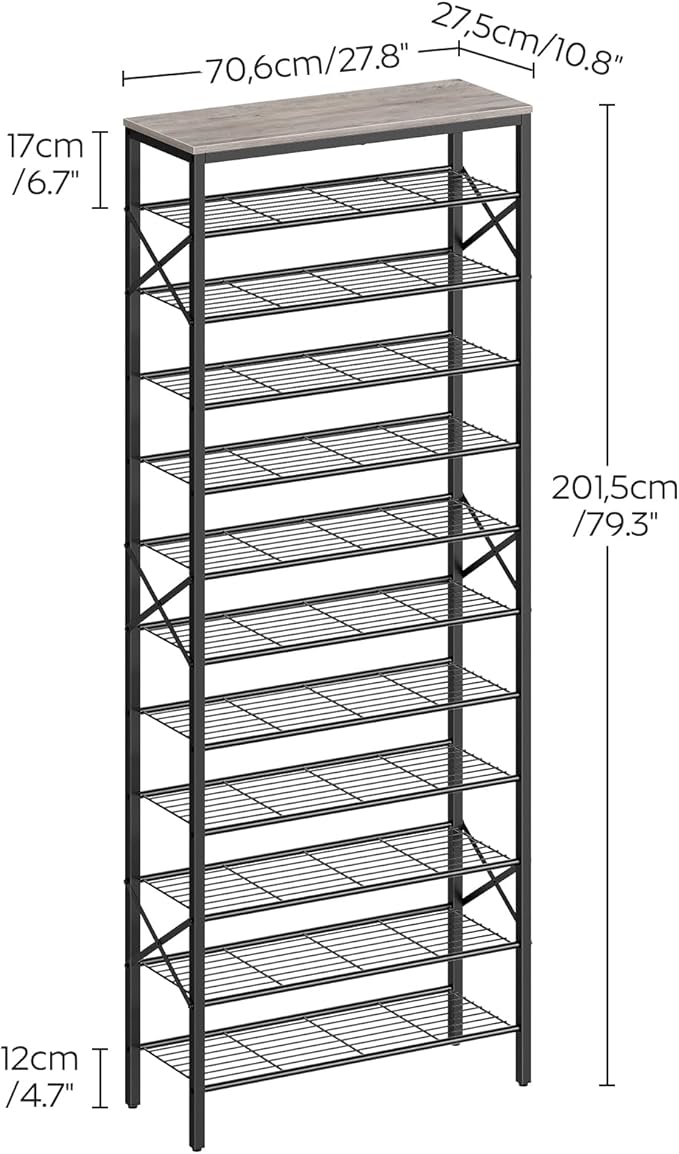 12 Tier Shoe Rack, Large Capacity Shoe Storage Organizer Holds 48 Pairs, Sturdy and Stable, for Entryway, Hallway, Closet, Dorm Room, Greige and Black SS12BG