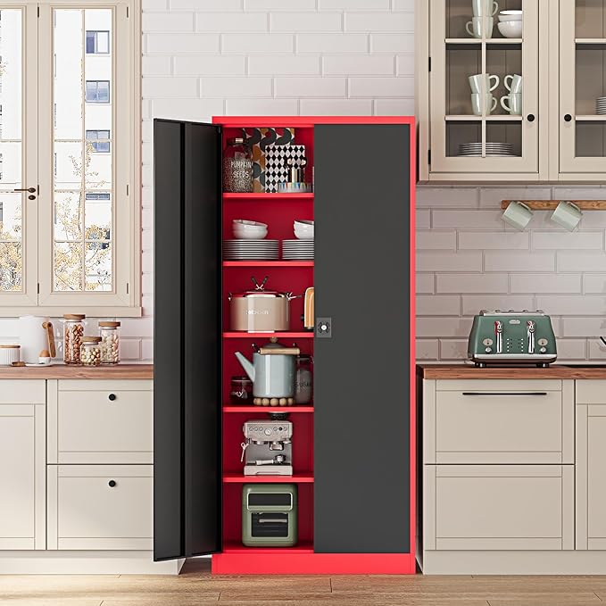 Metal Storage Cabinet-71” Tall Steel File Cabinets with Lockable Doors and Adjustable Shelves-Black&Red Steel Storage Cabinet for Home,Kitchen, School, Office, Garage