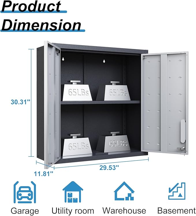 Garage Storage Cabinet Wall Cabinet with 2 Doors,Lockable Tool Cabinets Wall Mounted with Adjustale Shelves,Heavy Duty Steel Hanging Cabinets for Warehouse Kitchen Laundry,Assembly Required