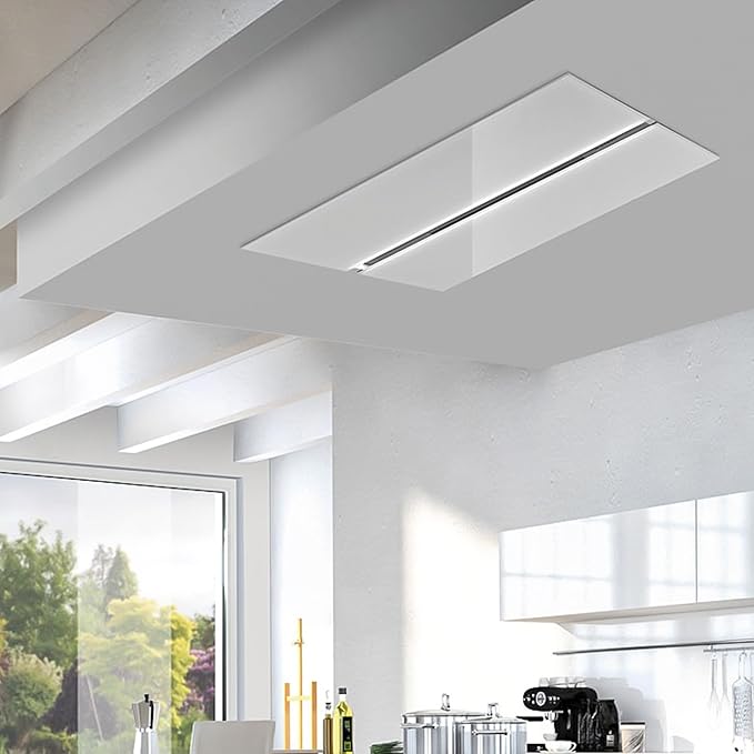 Futuro Futuro IS36SAVONA-WHT Ceiling Mount Range Hood, White, 36x23.6x11 inch, LED Lighting, 4-Speed, 940 CFM, White Glass, 0.5-3.2 Sones, Remote Control