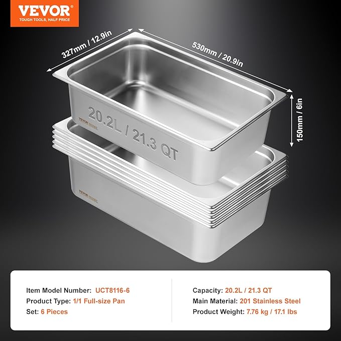 VEVOR 6 Pack Hotel Pans, Full Size 0.8mm Thick 6-Inch Deep Commercial Stainless Steel Restaurant Steam Table Pan, Catering Storage Food Pan, for Industrial & Scientific