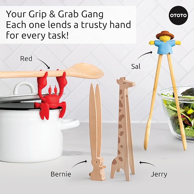 NEW - OTOTO Sal Scarecrow Salad Tongs (2-Piece) - Wooden Tongs Set, Food Safe Toaster Tongs for Serving, Cute Kitchen Tongs, Cool Kitchen Gadgets Accessories, Funny Gifts, Mini Tongs (Blue)