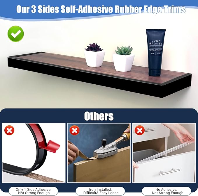 Rubber Edge Trim, Self-Adhesive U Channel Edge Protector for Plywood, Cabinet, 1/2" Wood Edge Banding, Flexible Furniture Repair, EPDM Material, Fit 1/2"(12mm), Length 20Ft, Black Color