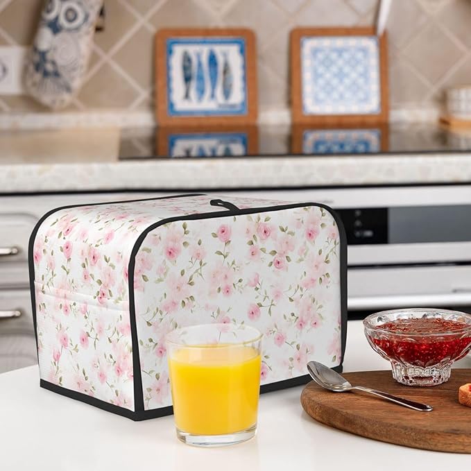 2 Slice Toaster Cover for Kitchen Rose Flower Pastel Waterproof and Dustproof Oxford Fabric Toaster Dust Cover with Side Pockets Decorative Universal Cover for Wide Slot Toasters and Small Appliances