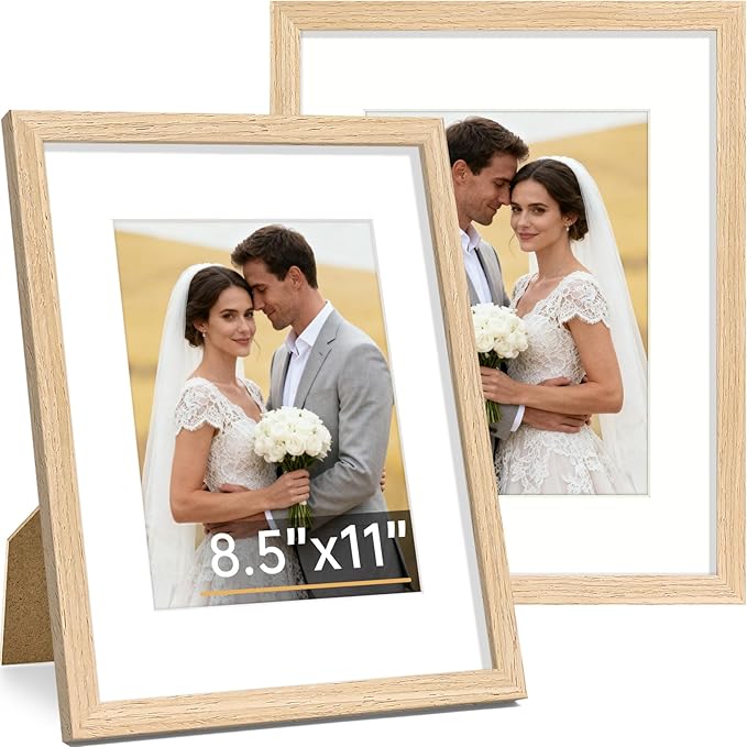 Vittanly 8.5x11 Picture Frame Set of 2, Solid Wood Frame for Wall or Tabletop, Display Photo 6x8 with Mat or 8.5x11 without Mat, Natural