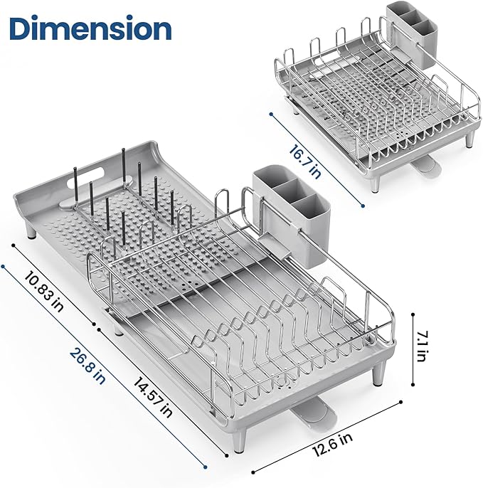 TOOLF Expandable Dish Rack, Dish Drying Rack for Kitchen Counter, Foldable Dish Dryer Rack, Stainless Steel Dish Drainer Racks with Cutlery Holder, Collapsible Dish Drying Racks Large Size,Gray