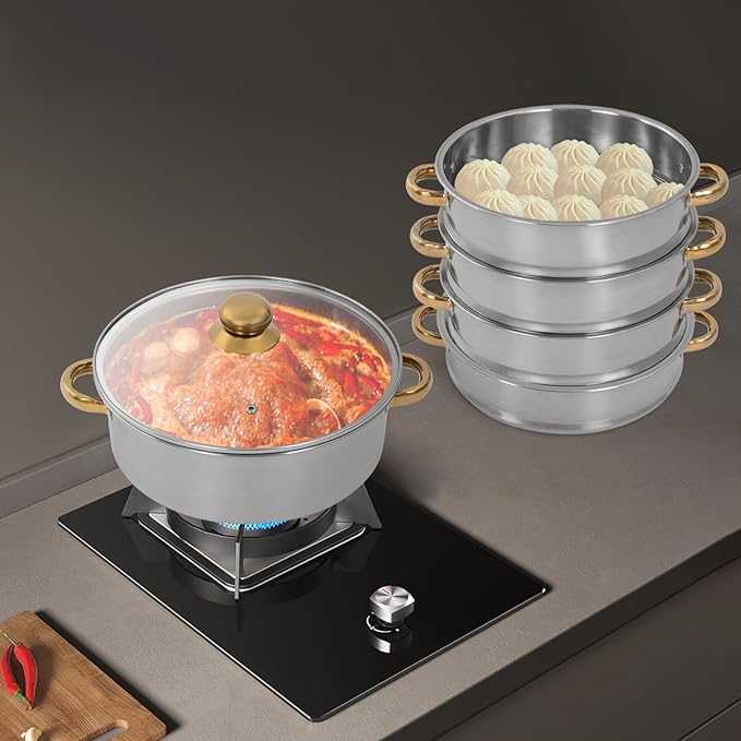 Stainless Steel Steamer Pot, 11-Inch Steamer for Cooking, 5-Tier Food Steam Pots with Lid for Cooking Vegetables, Seafood, Soups, Stews, Dumplings and Pasta