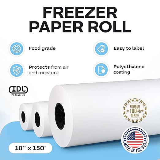 Freezer Paper Roll 18" x 1800" (150 feet) - USA-made White Paper for Freezing Food - Freezer Material with Special Coating for Meat & Fish - Strong Barrier Against Air and Moisture by IDL Packaging