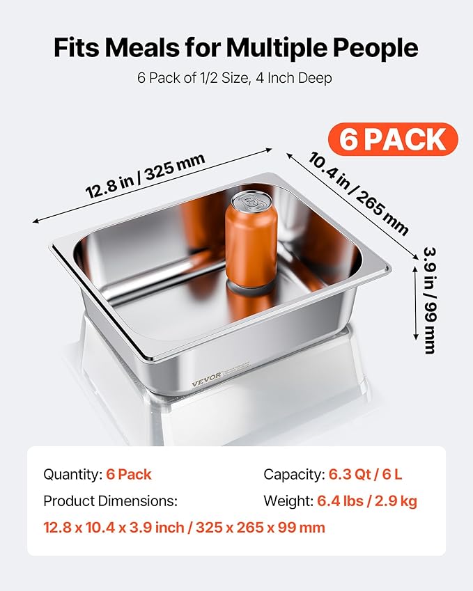 VEVOR 6 Pack Stainless Steam Hotel Pans, 1/2 Size Table Steam Pan, 4 Inch Deep Anti Jam Restaurant Supplies Reusable Rustproof Catering Storage for Home, Party, Restaurant, Hotel, Buffet