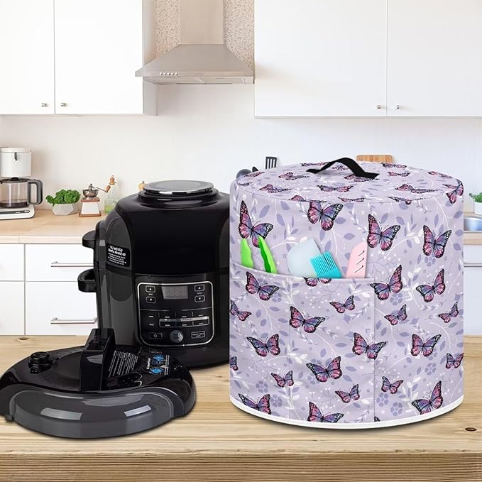 TODIYADDU Purple Butterfly Pressure Cooker Cover with Pocket Floral Leaf Air Fryer Cover Dust Cover Insulated Kitchen Appliance Cover Protector for Pressure Cooker Instant Pot Accessories Gifts